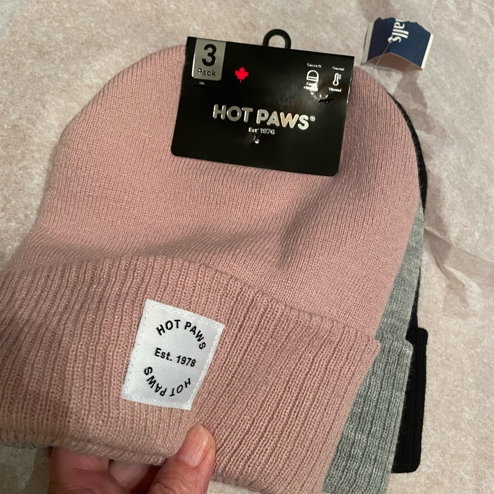 3-Pack Hot Paws Women’s Beanies - Pink,‎ Gray, and Black - NWT, OS